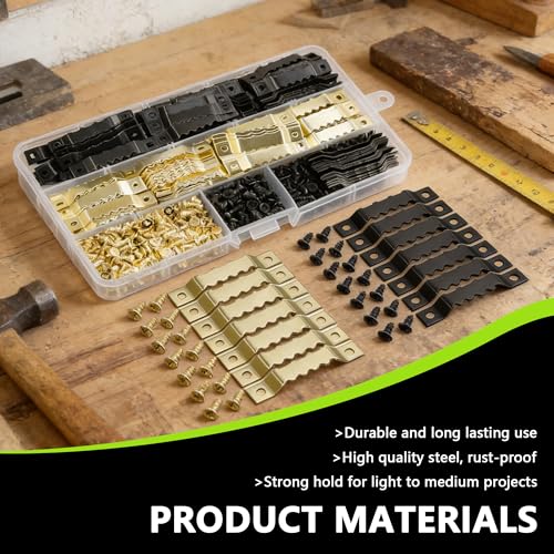 Image of 240Pcs Sawtooth Picture Hangers Metal Central Pressure Groove Black and Gold Zigzag Frame Hanger with Screws for Hanging Heavy Picture Canvas Paintings Photos Frame Board Clock Artwork Clipboard