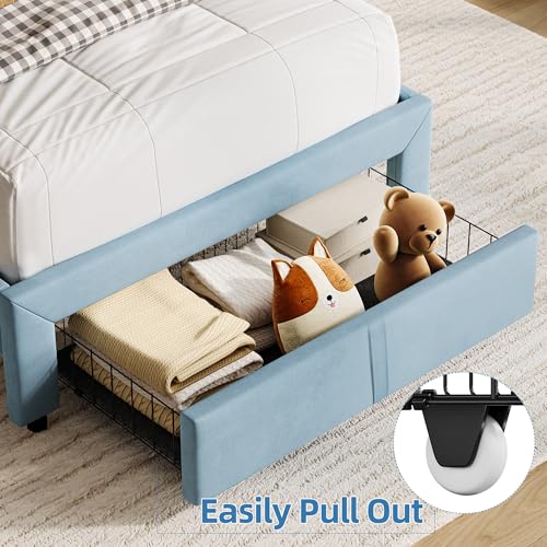 GarveeHome Twin Bed Frame with Drawer, Boys Bed, Velvet Upholstered Platform BedFrame with Storage Headboard for Kids, No Box Spring Needed, Easy Assembly, Noise-Free, Light Blue