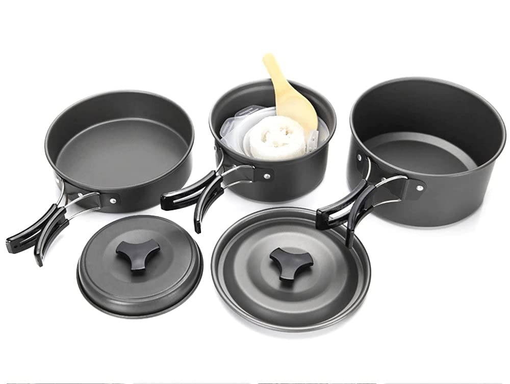 Cluemart Camping Cookware Set Outdoor Portable Oxidized Aluminum Alloy Camping Fishing Picnic Barbecue Cooking Set Backpacking Pans Pot Mess Kit Cooking Equipment Cookset Tableware (Black, 3 Person)-picture-28