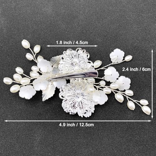 Pinzas para el cabello con flores y perlas plateadas miniatura 5
