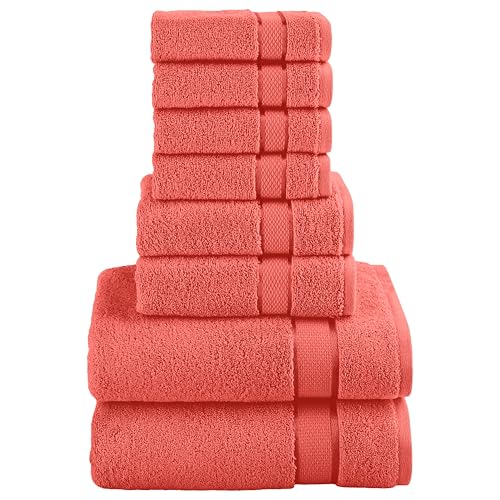 Image of Elegant Comfort Premium Cotton 8-Piece Towel Set, Includes 4 Washcloths, 2 Hand Towels and 2 Bath Towels, 100% Turkish Cotton - Highly Absorbent and Super Soft Towels for Bathroom, Coral