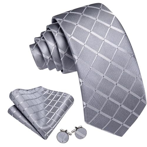 Image of Barry.Wang Plaid Ties for Men Silk Necktie Handkerchief Cuff Links Set