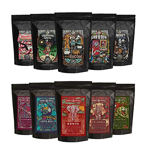 Bones Coffee Company Favorite Flavors Sample Pack with World Tour Sample Pack Ground Coffee, 4oz Flavored Coffee Bundle - Total Of 10 (4 oz. Coffees)