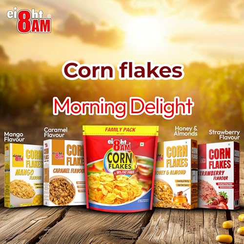 Image of 8AM Corn Flakes 200g, 92% Corn, 99% Fat Free, No Cholesterol, Trans Fat, Artificial Additives, Vitamins B1, B2, B3, B6, B9, Iron, Calcium, Crunchy & Nutritious Cereal
