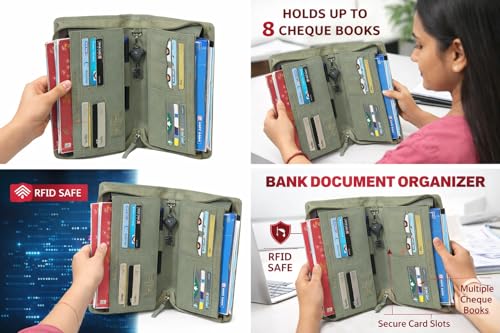 Image of Sukeshcraft Multiple Cheque Book Holder | Original PU Holds Upto 8 Cheque Books, 1 Pin-Sim Slot,14 Credit /Debit Card Slots with Matching Zipper (PU - Mild Green)
