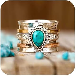 LRGKMCWTOB Vintage Sterling Silver Turquoise Ring for Women, Bohemian Style Handmade Dainty Ethnic Healing Stone Ring, Tribal Totem Cut Natural Turquoise Bridal Statement Ring Gift Size 9