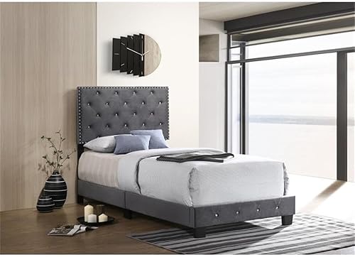 Miniatura 2 de Glory Furniture Cama individual tapizada de terciopelo Suffolk en gris Gris,Multicolor -,Azul marino,https://www.amazon.com/dp/undefined