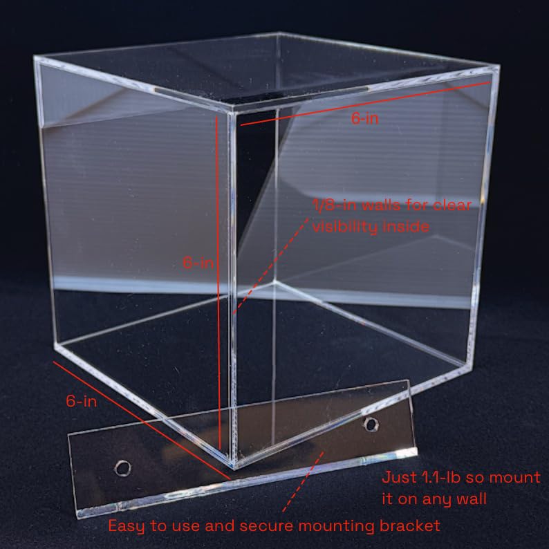 Wall Mounted Clear Acrylic Display Box, 6x6x6 Inches, Cube for Collectibles, Memorabilia