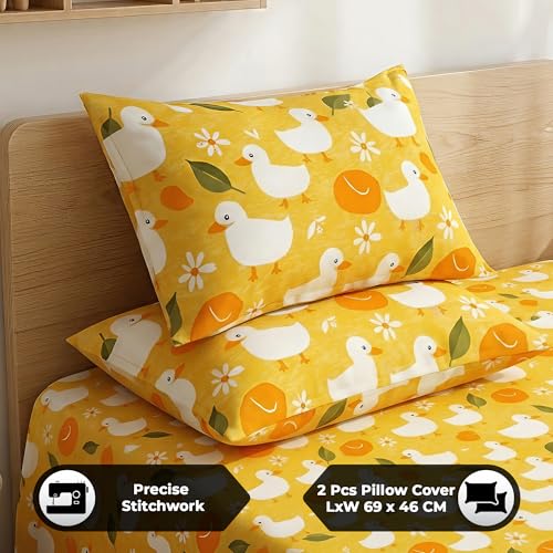 Image of Story@Home Duck Theme Kids Double Bedsheet 225x250 cm with 2 Pillow Covers | Cotton Feel 180 TC Soft Fabric | Duck Yellow Cute Cartoon Design | Breathable & Comfortable