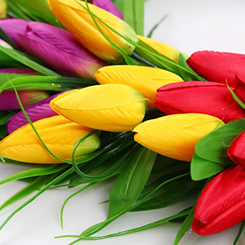 Alxffbn Tulip Wreath For Front Door, 17.7 Inch Budding Silk Tulip Floral Wreath With Green Grass Ba Redyellowpurple 19.7 Inch/50 Cm #TOP1