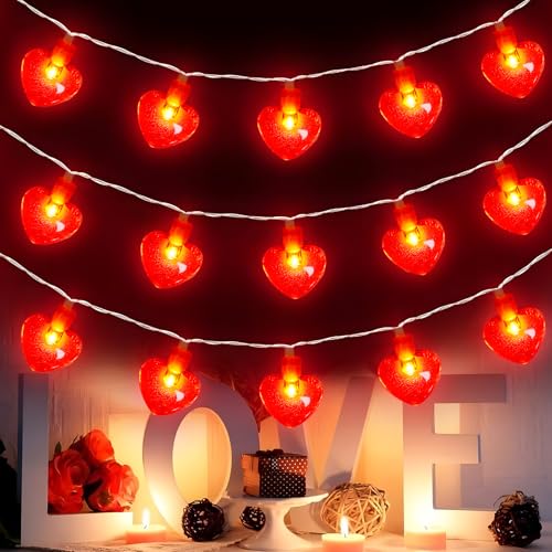 TaimeiMao Guirlande lumineuse LED coeurs, guirlande lumineuse en forme de coeur avec confettis coeur en papier, guirlande lumineuse rouge de 3 m de longueur,...