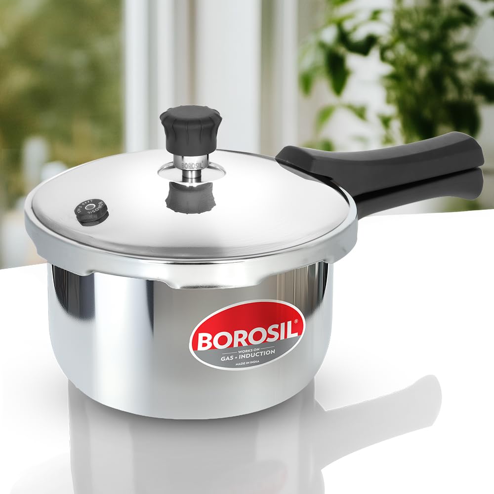 Borosil Triply Pressure Cooker | SS304 Food Grade Stainless Steel | Even Heat Distribution | Gas Stove & Induction Compatible | Dishwasher Safe | 5 Years Warranty (2 L, Outer Lid)