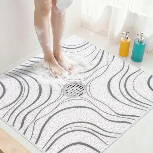 Image of Square Shower Mat Non Slip: 24x24 Inch Extra Large Shower Mats for Inside Shower, Non Slip Shower Mat with Drain Hole in Middle- Anti Slip Shower Floor Mat, Loofah Shower Stall Mats for Elderly
