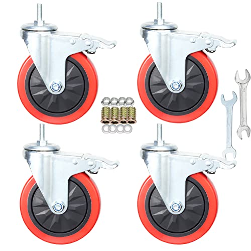 Image of Heavy Duty Stem Caster Wheels M10-1.5X25mm Dual Locking No Noise PVC Threaded Stem Caster Wheels Pack of 4 for Workbench, Dolly, Furniture (5 Inch, Red)
