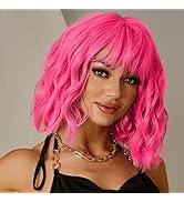 LINGHANG Short Pink Wigs for Women Short Wavy Hot Pink Wigs with Bangs Synthetic Pink Curly Bob W...