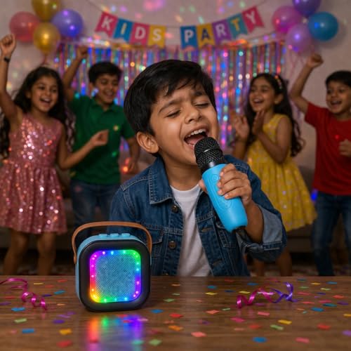 Image of Rechargeable Karaoke Mic with Speaker for Kids | Wireless Mini Portable Bluetooth Speaker, Microphone & LED Lights, Birthday Gift, Multicolor