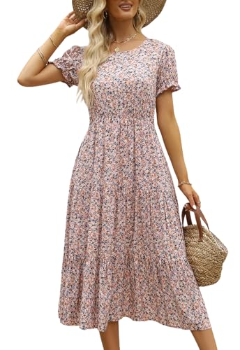 Image of NAVINS Womens Floral Print Modest Wedding Guest Midi Dress with Pockets | Puff sleeve tiered boho dress for summer, church, and vacations. Elastic waist, Below knee, hand or machine wash.