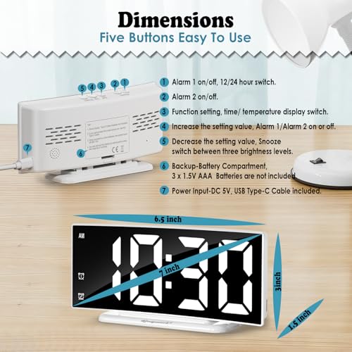 Image of LED Digital Alarm Clock for Bedroom, Plug in Clocks with Dual Alarm /Snooze /Temperature Waterproof 3 Brightness Level, Big Numbers Display and Battery Backup for Desk, Table, Office (White)