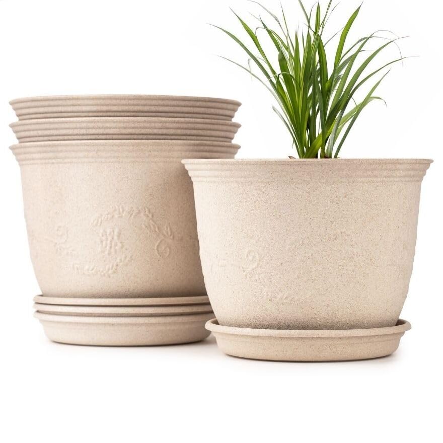 Irida Naturals Set of 4 Rice Husk Jasmine 12 inch Pots & Planter | Unbreakable, Eco-Friendly, Biodegradable, BPA-Free | Lightweight, Indoor and Outdoor Plant Pots for Home and Garden | Soft Beige