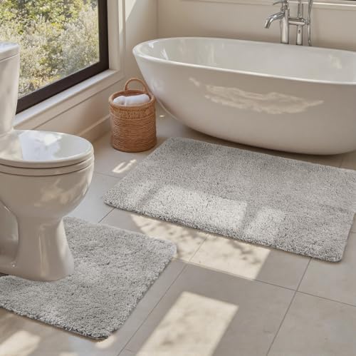 Tuocal 2 Piece Bath Mat Set, Microfiber Thickened Bathtub Rug & Toilet Pedestal Carpet, Non Slip Super Absorbent Ultra Soft Washable Bath Rug, 50x80cm+50x40cm