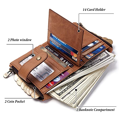Image of boshiho Genuine Leather Bifold Chain Wallet for Men RFID Blocking | Heavy Duty Steel Anti-Theft Chain & 2 Zipper Coin Purse. Perfect for Bikers, Daily Commute, Gift for Dad /Husband