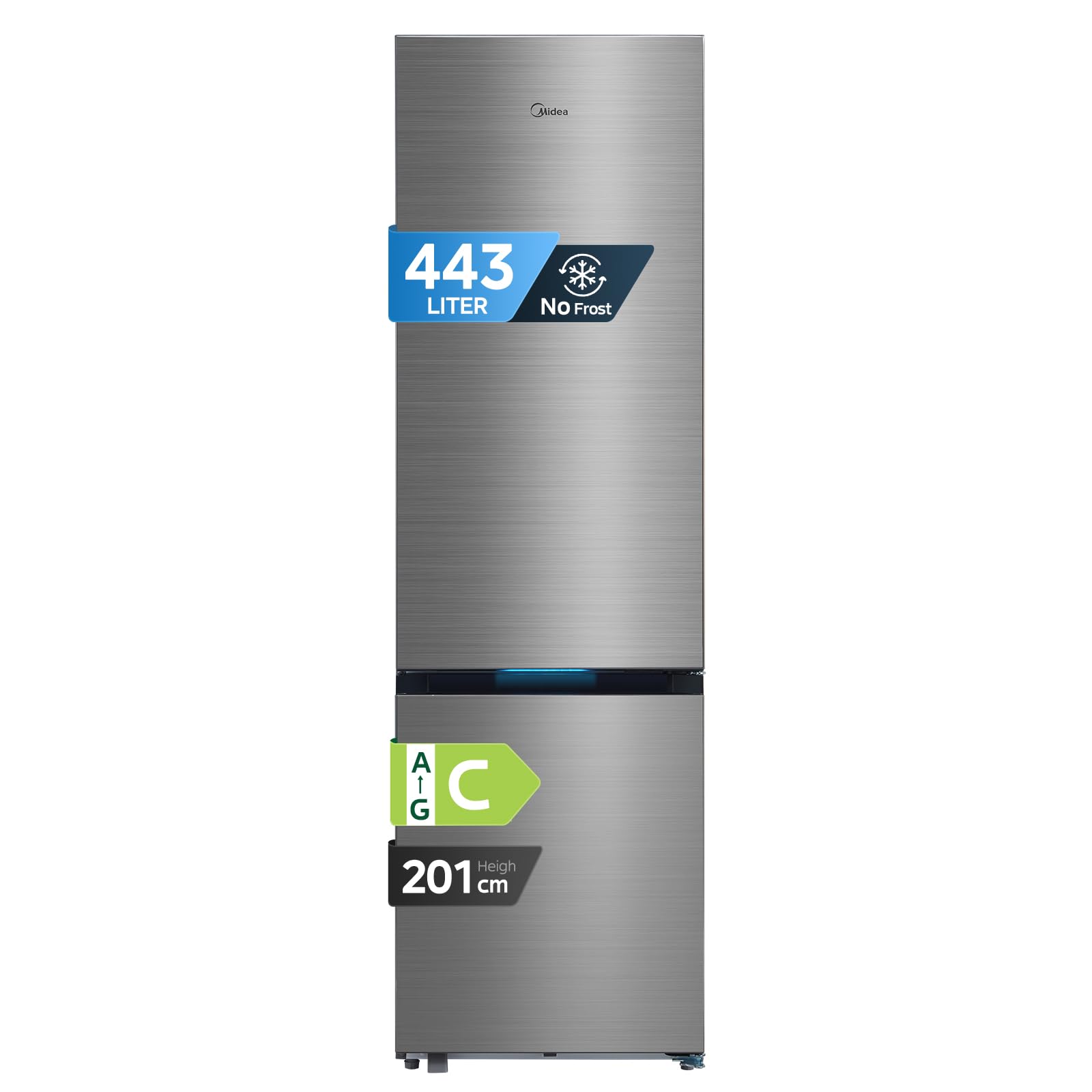 Midea MERB445MIC46 Frigorifero Combinato 442L Space Master Total No Frost, WiFi Smart Control, Compressore Inverter Silenzioso 35dB, Grande Capacità in Dimensioni Standard, 59.5×201×68.8 cm, Inox