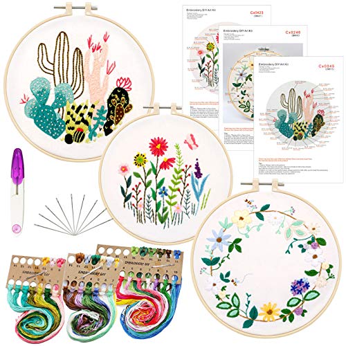 3 Pack Embroidery Kit for Beginners, Embroidery Starter Kit Cross Stitch Kits Beginner with Embroidery Patterns, Embroidery Hoops and Color Threads, Tools Kit