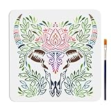 MAYJOYDIY Cow Skull Stencil 11.8×11.8inch Leaves Bull Head Drawing Stencils with Paint Brush Reusable Mandala Lotus Flower Leaves Painting Template for Crafts and Home Decorations