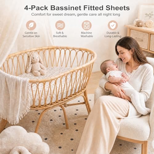 Image of 4 Pack Baby Bassinet Sheets 20 inch x 35 inch Compatible with Newton, Ezebaby, Angelbliss, AMKE(3 in 1) & Other Large Bedside Sleeper - Soft Breathable Bassinet Fitted Sheets for Girl - Light Pink & Star
