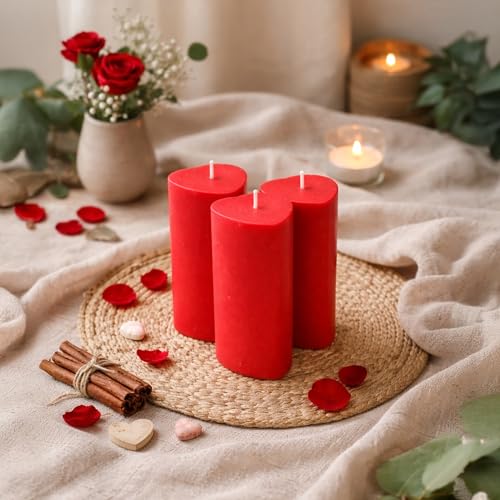 Image of HOSLEY 4.5 Inch High Apple Cinnamon Fragrance Pillar Candles| Aroma Candles for Decoration and Gifting| Heart Shape Scented Pillar Candles, Anniversary, Birthday, Pack of 3, Red