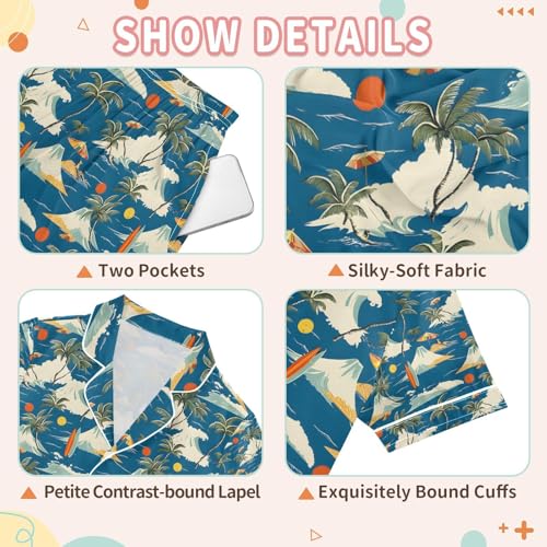 senya Wave Palm Surfboat D Satin Summer Pajama Sets Silk Short Sleeve Button Down Sleepwear3