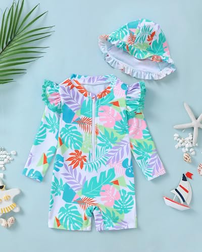 Image of Toddler Girl Swimsuit Baby Girl Bathing Suit Long Sleeve Floral Zipper One-Piece Rash Guard Swimsuit with Hat