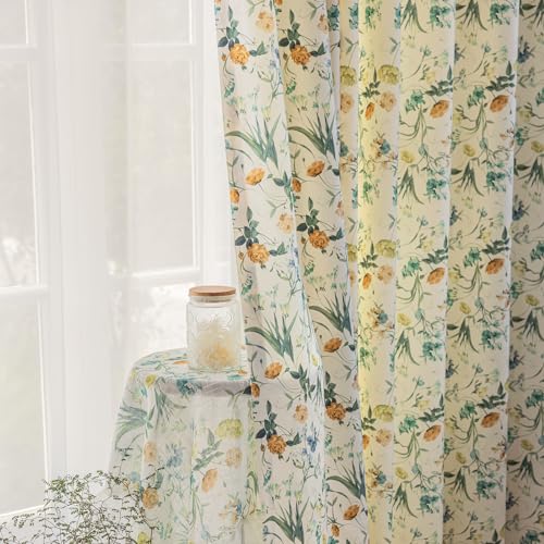 Image of SUOUO Cottage Country Small Floral Chenille Semi Blackout Curtains 84 Inches Green Yellow Tiny Wildflower Botanical Farmhouse Window Drapes for Living Room Dining Bedroom 2 Panels