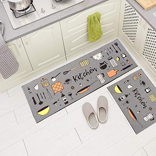 Carvapet 2 Pieces Non-Slip Kitchen Rug TPR Non-Skid Backing Mat for Doorway Bathroom Runner Rug Set, Grey Kitchen Design (17