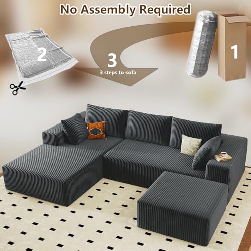 Image of 96 inch U-Shape Cloud Couch, Modern Modular Sectional L-Shape Sofa with Ottoman, Corduroy Upholstered Couches Deep Seat Chaise Longue for Living Room, No Assembly Required(Dark Gray, Left Facing)