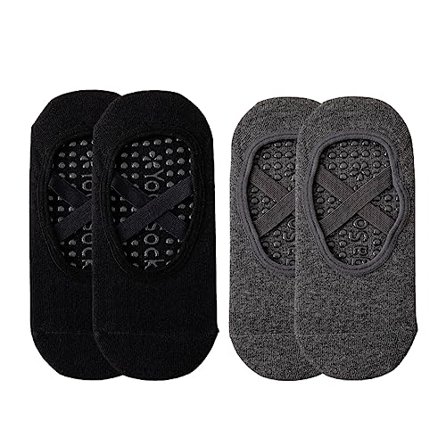 WeddHuis 2 Pares Calcetines Pilates Yoga, Calcetines Antideslizantes Mujer con Asas y Correas para Danza Yoga Pilates Ballet Fitness Sports Barra, Talla única Negro Gris