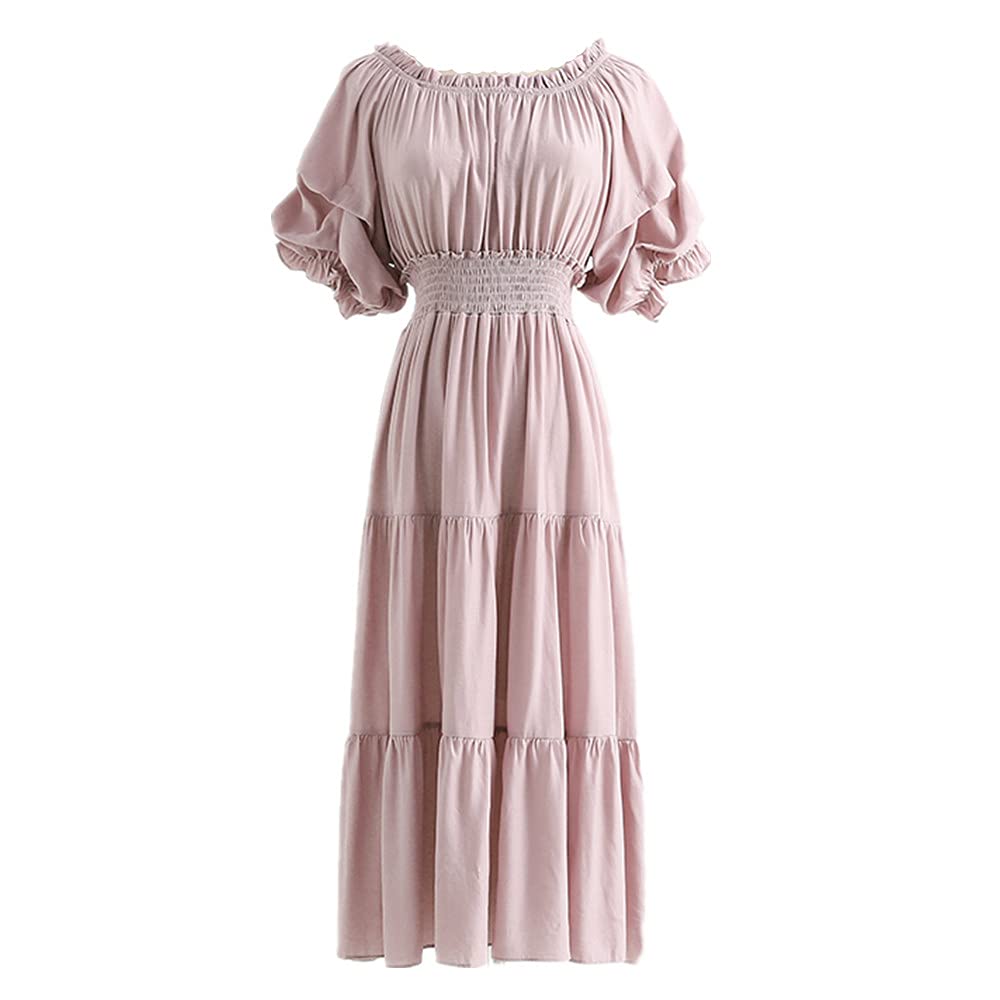 Womens Vintage Short Puff Sleeve Medieval Inspried Long Dress
