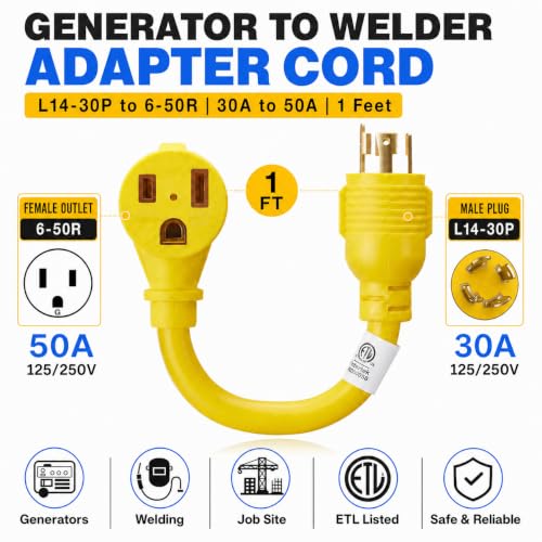 Image of Generator to Welder Adapter Cord, NEMA L14-30P to 6-50R, ETL Listed, 30 Amp Twist Lock 4 Prong to 50 Amp 3 Prong, 220V /240V Welder Plug for Generators,Welders,Job Site