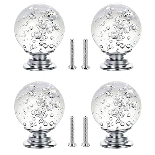 Achengqi 4 pièces Poignée en Cristal à Bulles de Commode Tiroir Bouton Verre,Poignée Boule Verre Alliage zinc Meuble un Trou 30MM (Transparent), Transparente, 30x35MM, (CQ00018)