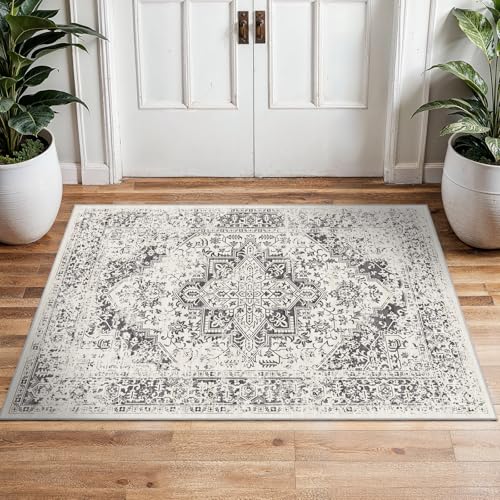2x3 Washable Area Rug for Entryway: Throw Vintage Neutral Rugs Gray