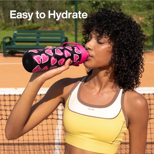 Image of ENCOOL Insulated Water Bottle with Straw Stainless Steel Water Bottle, Leak-Proof, BPA-Free, Keeps Cold for 24 Hours for Sports, Travel, School (26 oz, Sketch Hearts Pink x Black)