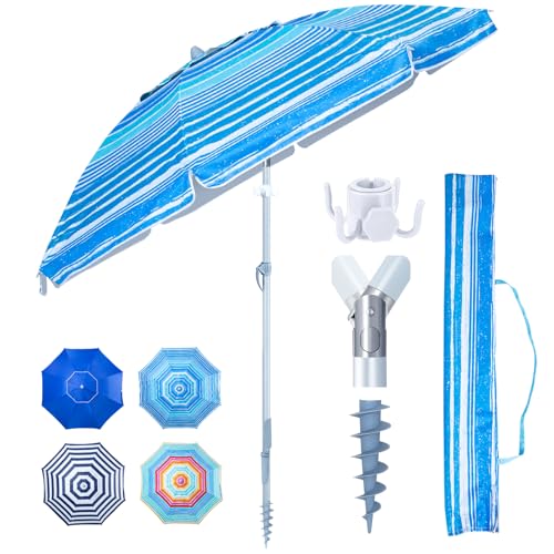 Tempera Heavy Duty High Wind Beach Umbrella with Sand Anchor & Carry Bag | Patio Outdoor Umbrella with Aluminum Frame and Push Button Tilt, Ideal for Travel Garden Lawn, UPF 60+,Ocean Stripe