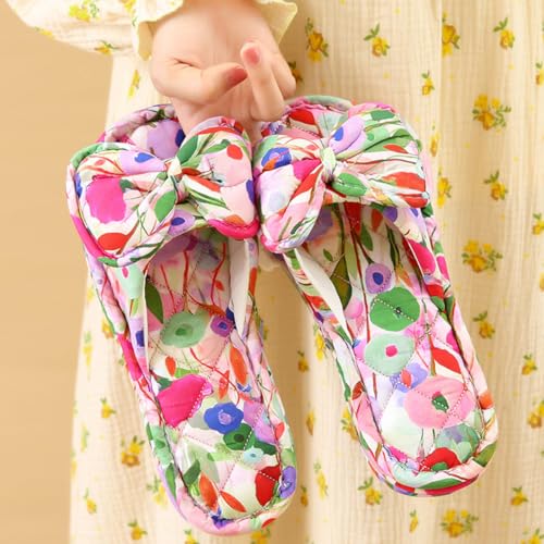 Bow-Knot Pattern Print House Slippers for Women Slides with Breathable Cotton Indoor Slip on Open Toe Stitching Home Shoes3