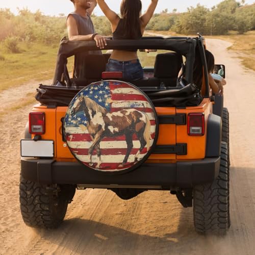 Image of Delerain Horse American Flag Spare Tire Cover for RV Trailer SUV Truck and Many Vehicle, Wheel Covers Sun Protector Waterproof (15 Inch for Diameter 27 inch-29 inch)