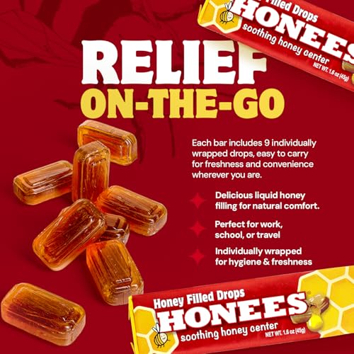 Honees Honey Filled Drops, Honey Cough Drops with Real Honey-Natural Sore Throat Relief-Nothing Artificial-Throat Coat Lozenges, Natural Cough Suppressant, Non-GMO (24 Pack – 216 Drops) - image 3
