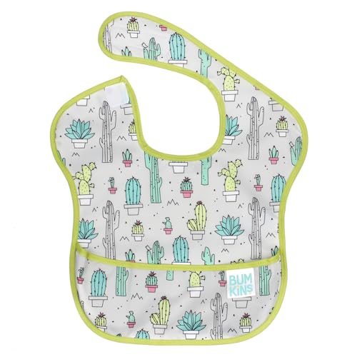 Image of Bumkins Bibs for Girl or Boy, SuperBib Baby and Toddler 6-24 Months, Essential Must Have for Eating, Feeding, Baby Led Weaning Supplies, Mess Saving Catch Food, Waterproof Soft Fabric, Green Cactus