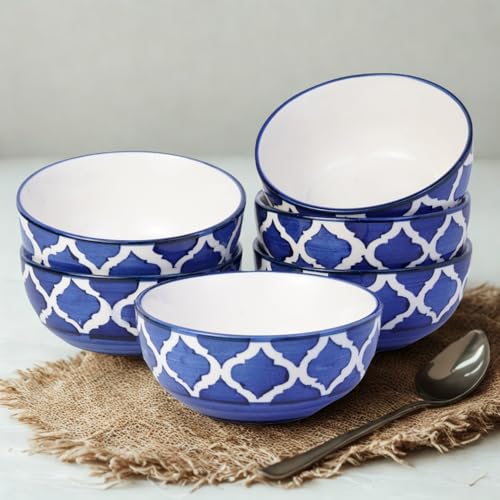 Image of Freakway Handcrafted Ceramic Bowls, Blue & White Patterned, Pack of 6