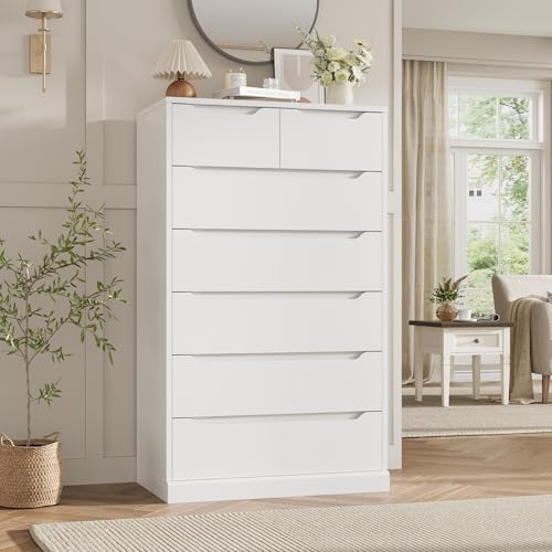 HITHOS 51' Tall 7 Drawers Dresser, Modern White Dresser, Wood Dressers & Chests of Drawers with Cut-Out Handles, Upright Drawer Chest, Accent Vertical Dressers for Living Room, White