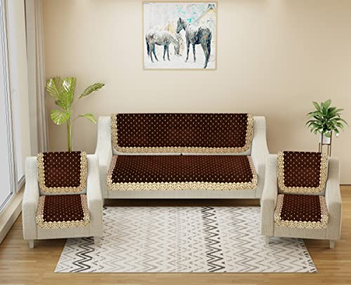 Image of Velvet Sofa Cover 3 Seater and 2 Seater - Premium Sofa Cover 5 Seater Full Cover Set for Couch- Heavy Fabric Sofa Seat Cover Slip Protector,Coffee (Pack of 6)