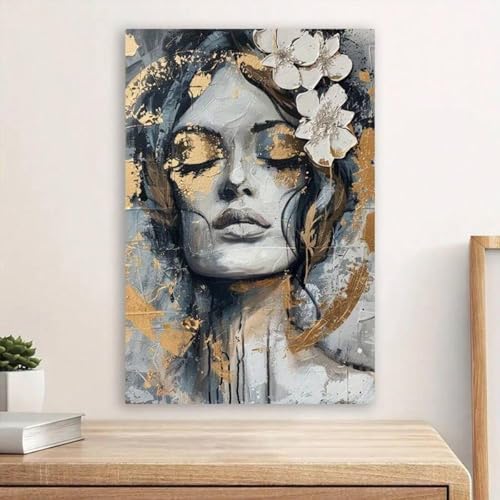 Peinture florale dorée sur toile visage abstrait pour illuminer un mur sombre de chambre